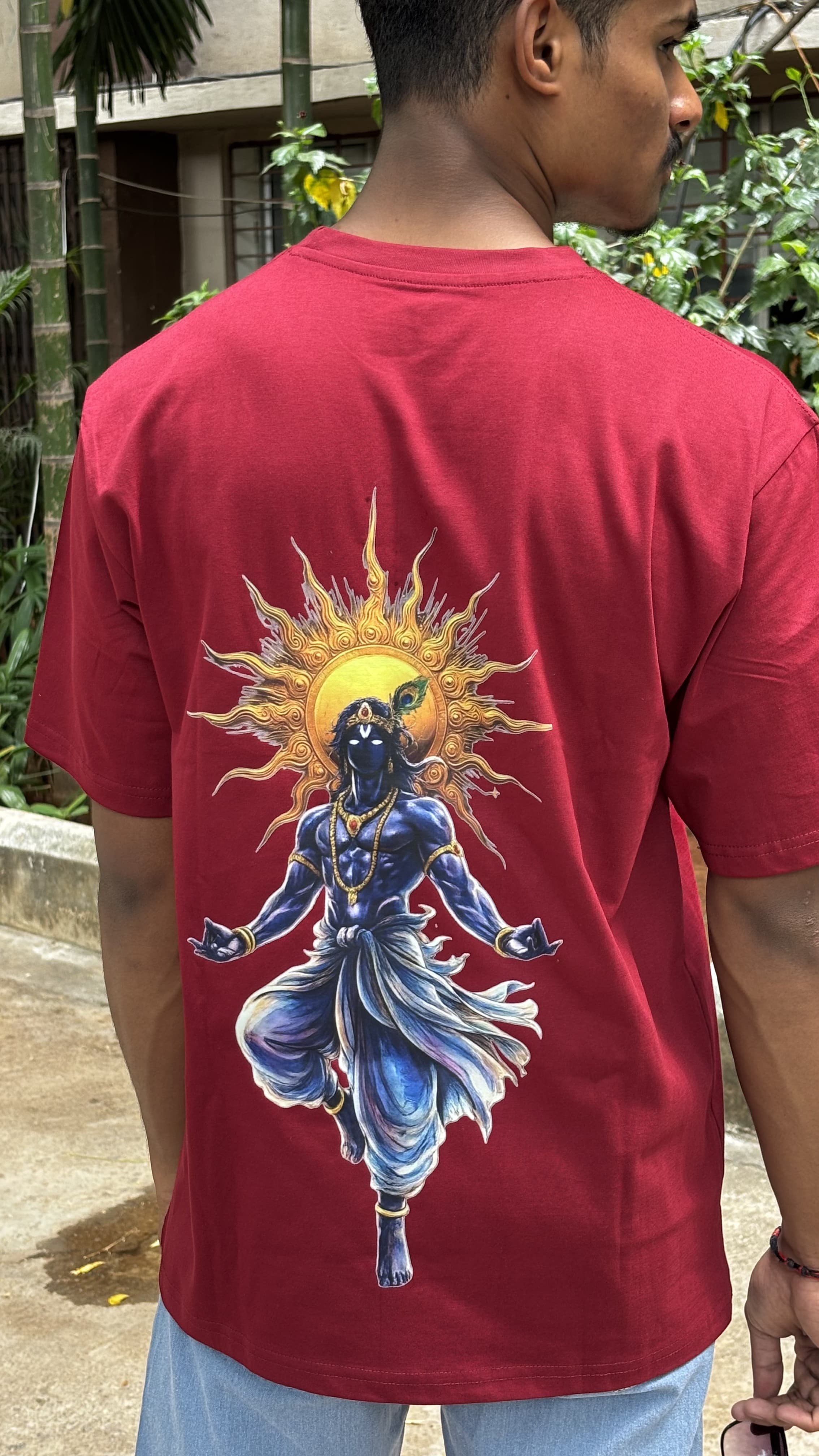 Wrath Of Krishna Drop Shoulder T-shirt | Maroon Graphic Tee | 220 GSM Cotton | BRFX