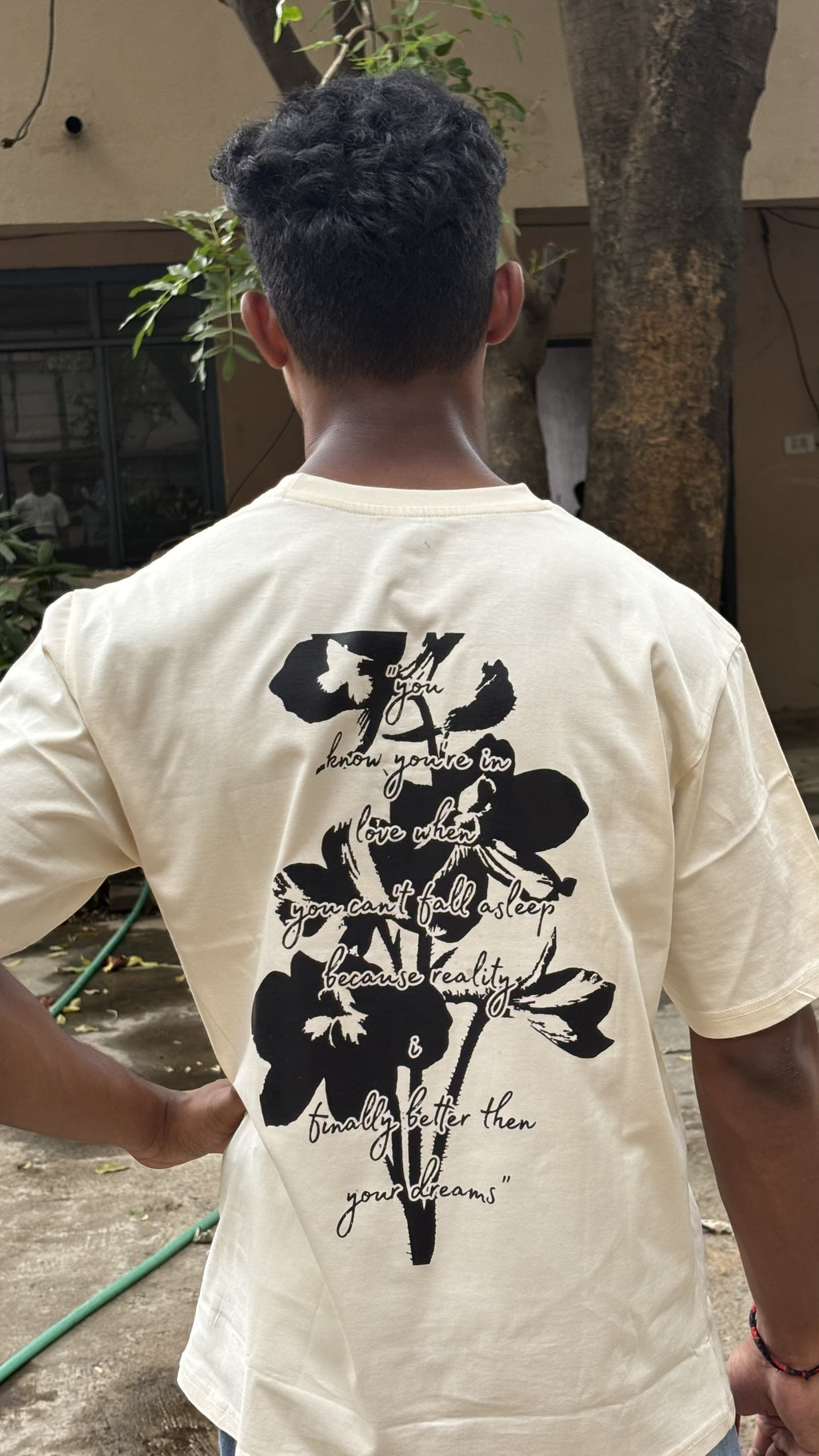 Floral Quote Drop Shoulder T-shirt | Beige Graphic Tee | 220 GSM Cotton | BRFX