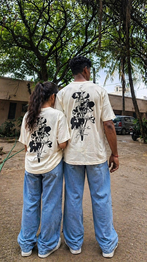Floral Quote Drop Shoulder T-shirt | Beige Graphic Tee | 220 GSM Cotton | BRFX